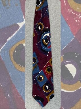 JT Beckett Wide Silk Tie Abstract Geometric Burgundy Purple Blue